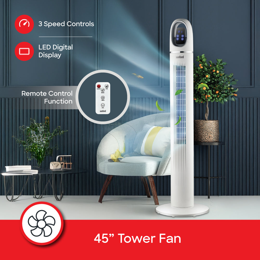 Sanford 45-Inch Tower Fan | Slim Design | 50W Power | LED Touch Display | 3 Speeds | 24H Timer | Remote Control | Wide Oscillation | Detachable Base | Quiet Operation - buysanford