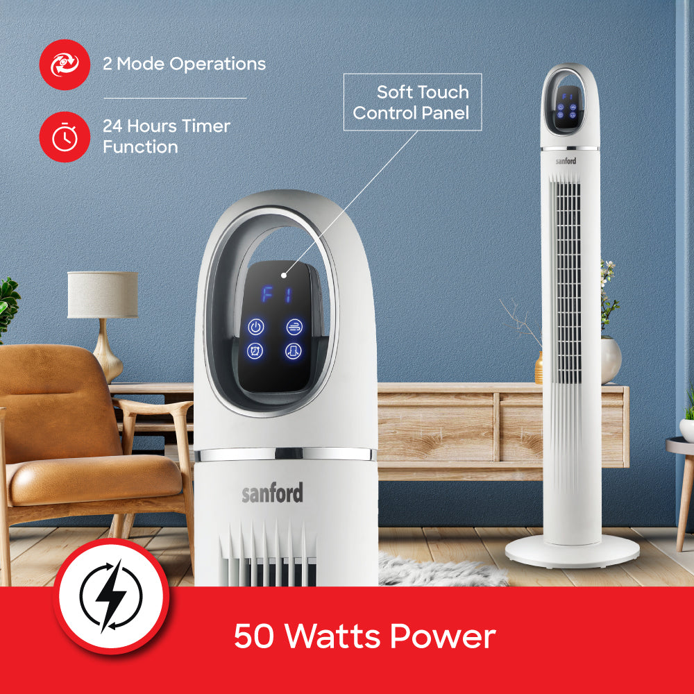 Sanford 45-Inch Tower Fan | Slim Design | 50W Power | LED Touch Display | 3 Speeds | 24H Timer | Remote Control | Wide Oscillation | Detachable Base | Quiet Operation - buysanford