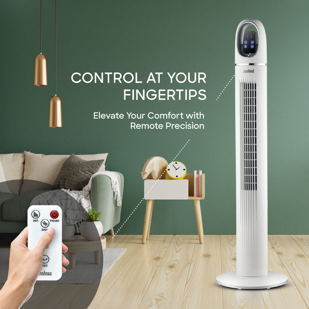 Sanford 45-Inch Tower Fan | Slim Design | 50W Power | LED Touch Display | 3 Speeds | 24H Timer | Remote Control | Wide Oscillation | Detachable Base | Quiet Operation - buysanford