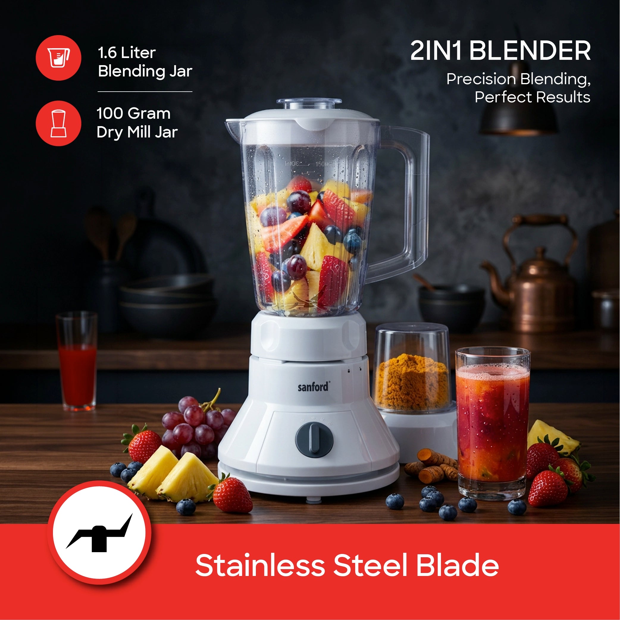 2 in 1 blender grinder 1.5L jar 350W stainless steel blades sanford 3