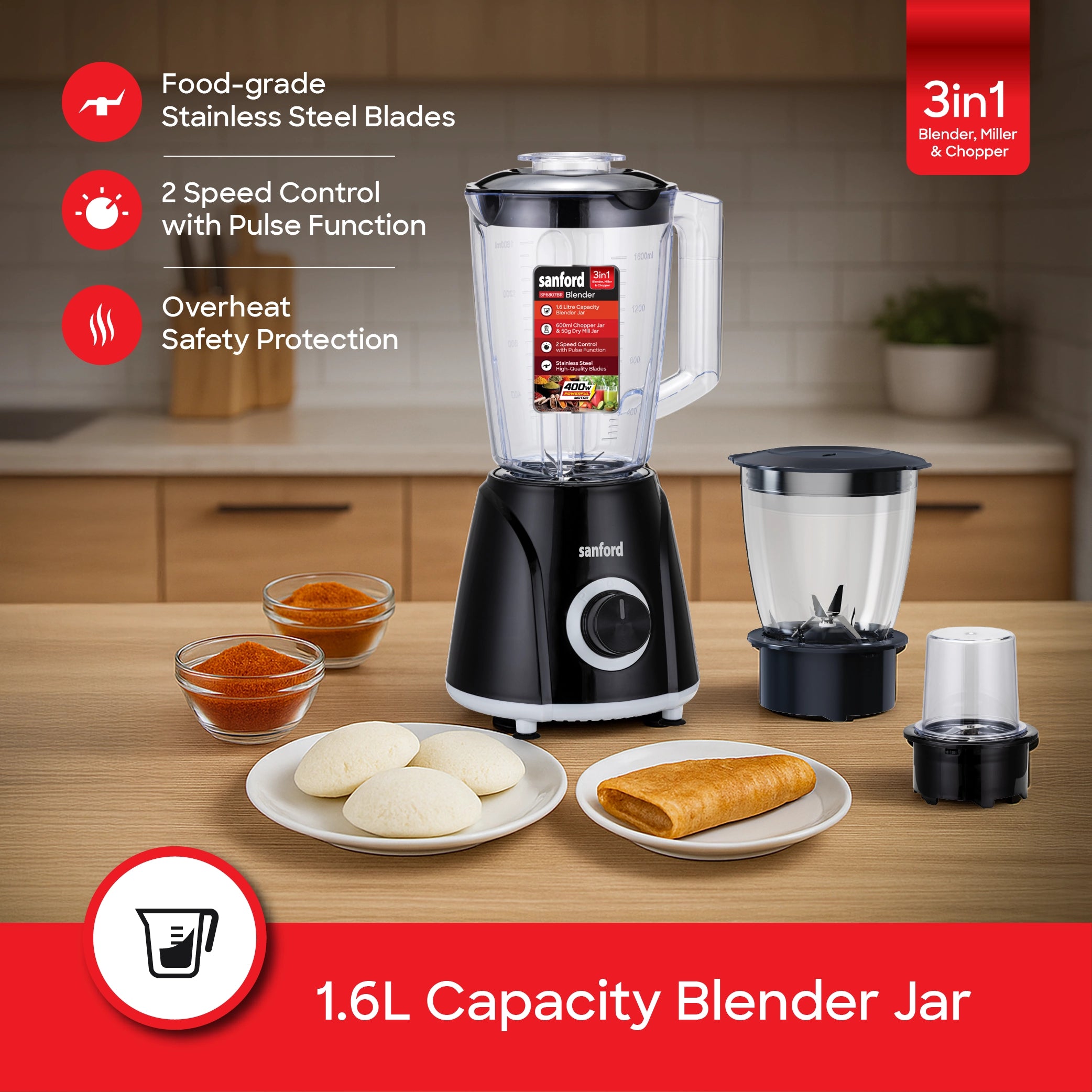 3 in 1 blender miller chopper 1600ml jar stainless steel blades sanford 3