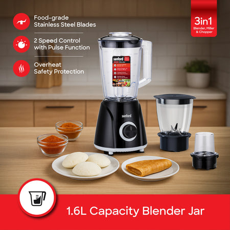3 in 1 blender miller chopper 1600ml jar stainless steel blades sanford 3