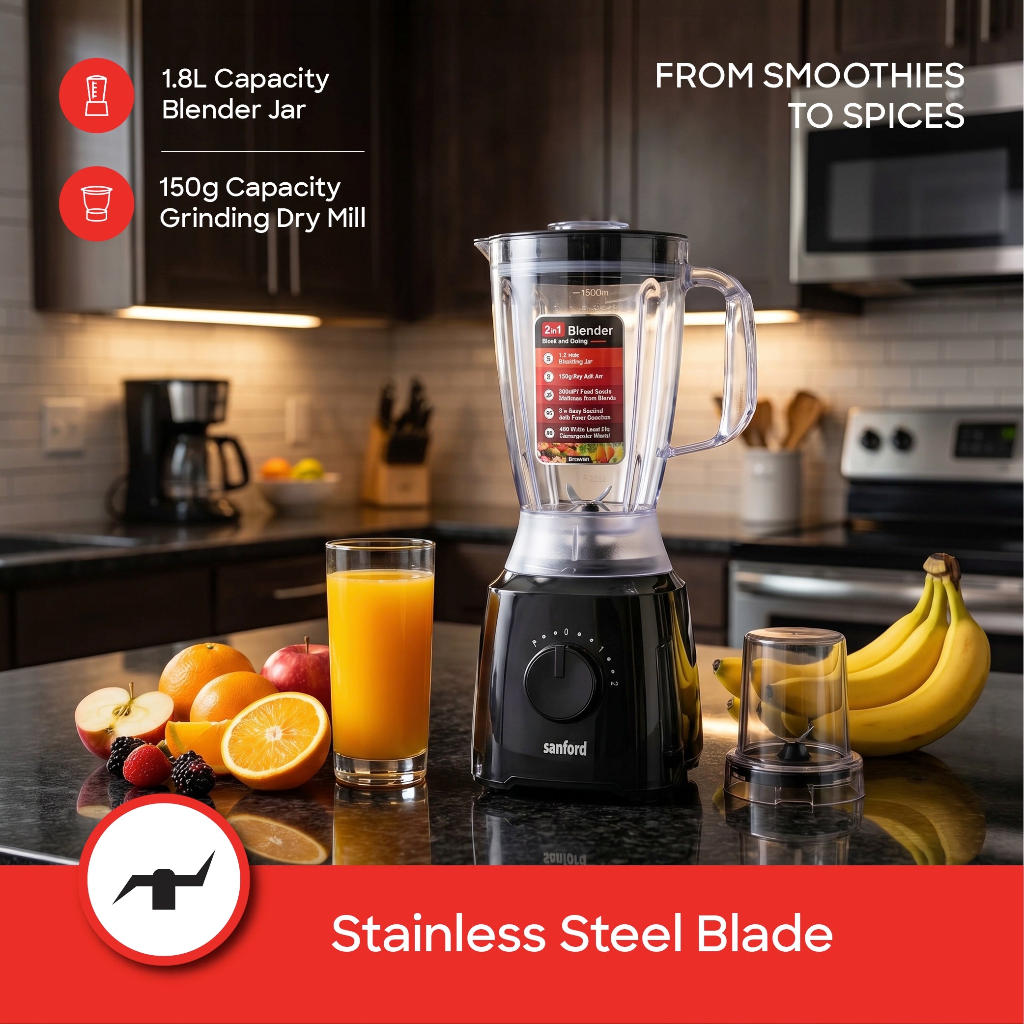 2 in 1 blender grinder 1.8L jar 600W SS304 blades sanford 3