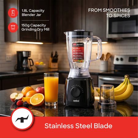Sanford 2-in-1 Blender & Grinder | 1.8L Jar | 150g Dry Mill | 600W Motor | SS304 Blades - buysanford