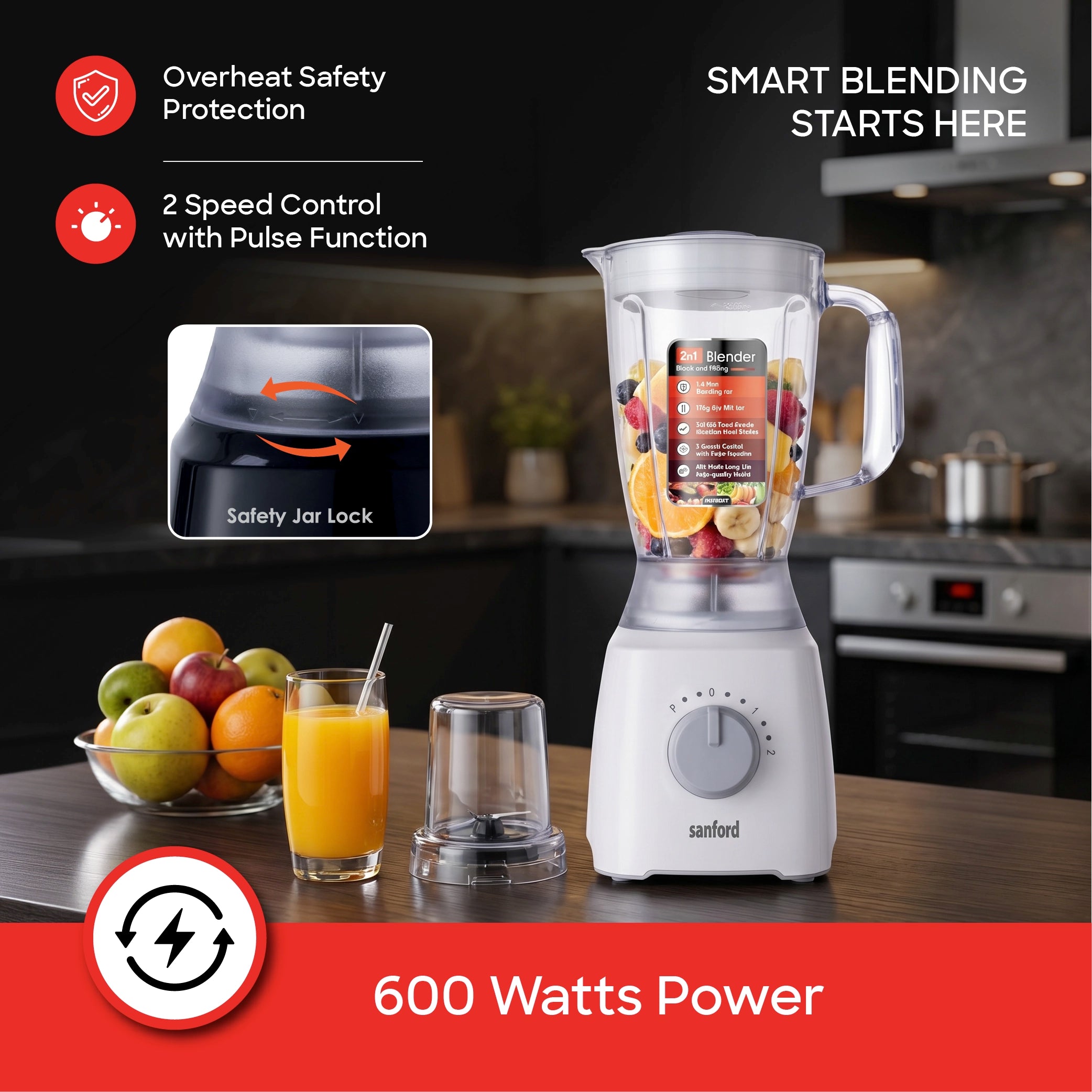 2 in 1 blender grinder 1.8L jar 600W SS304 blades sanford 4