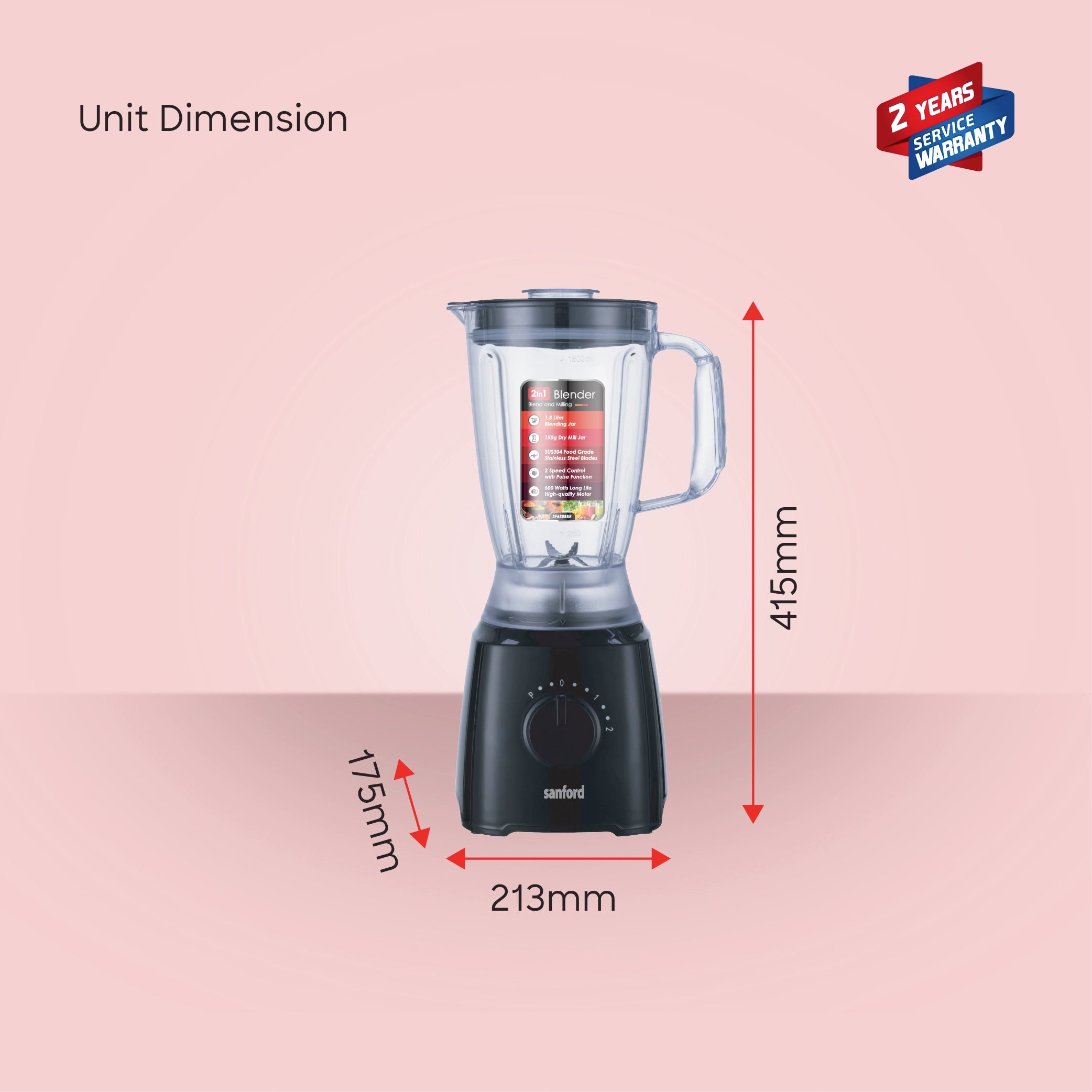 2 in 1 blender grinder 1.8L jar 600W SS304 blades sanford 6