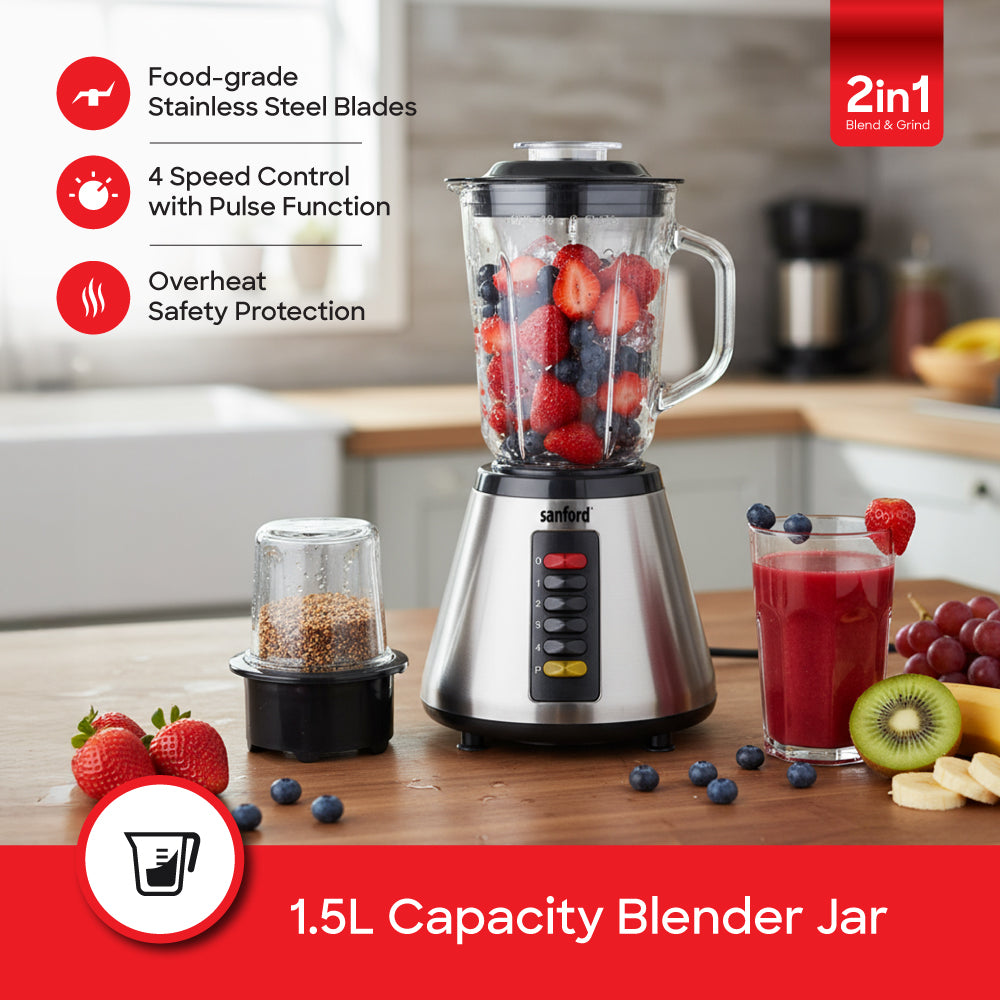 Sanford 600W 2-in-1 Blender & Grinder with Glass Jars and 4-Speed Control | SF6815BR - buysanford