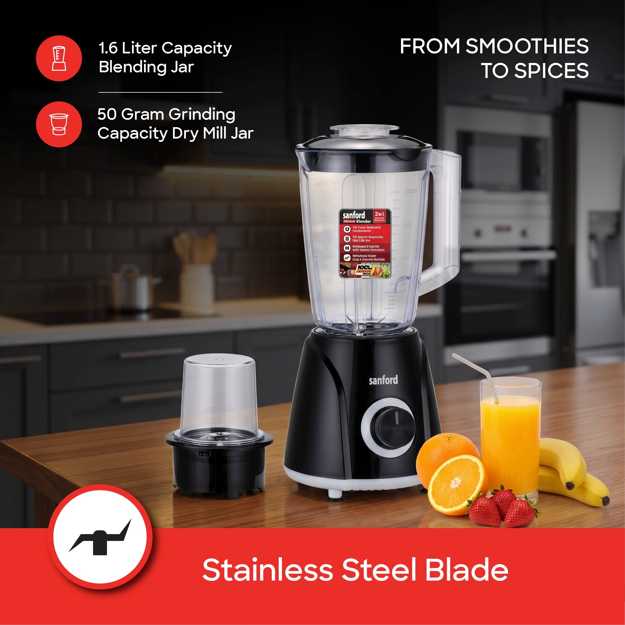2 in 1 blender grinder 400W stainless steel blades 1.6L jar sanford 3