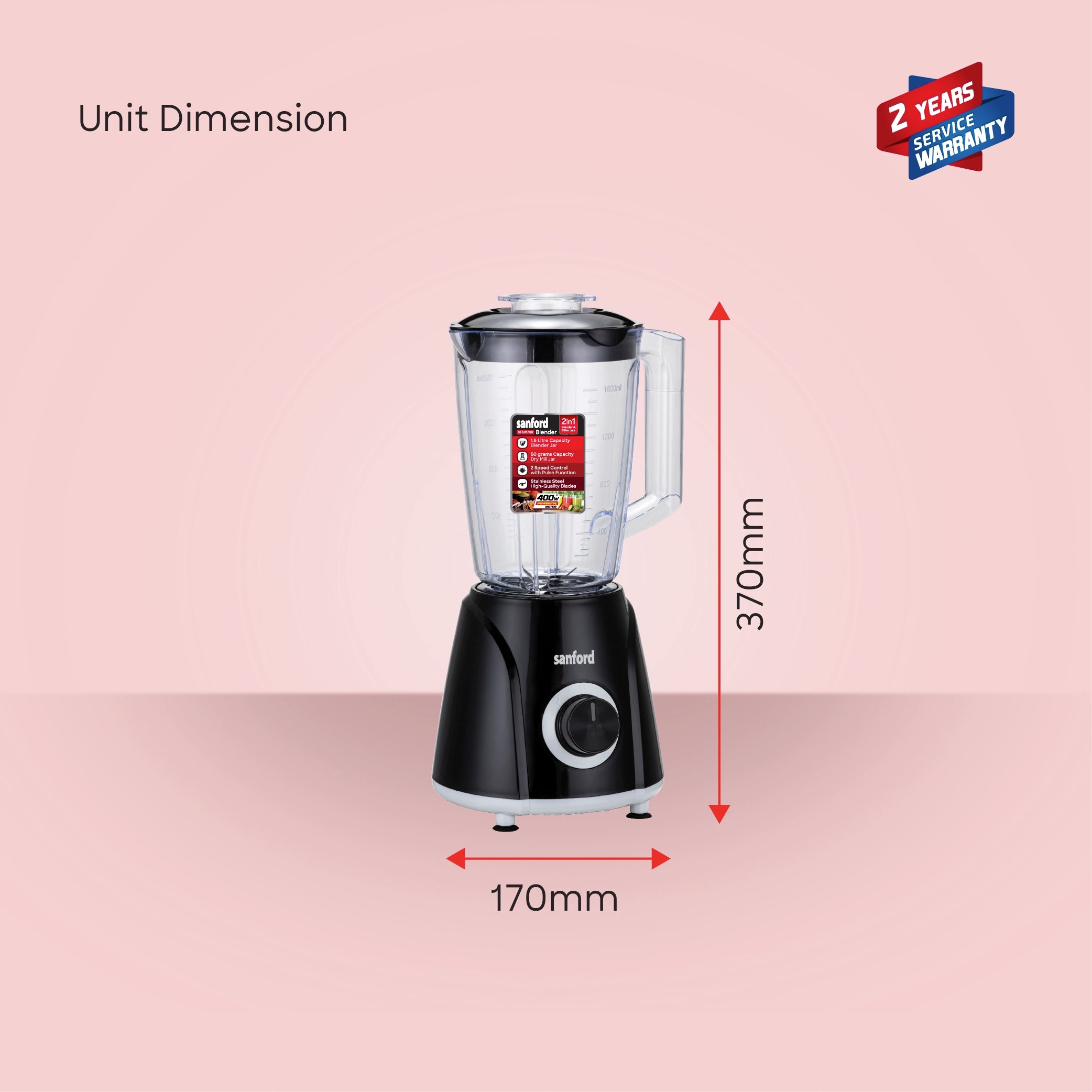 2 in 1 blender grinder 400W stainless steel blades 1.6L jar sanford 6