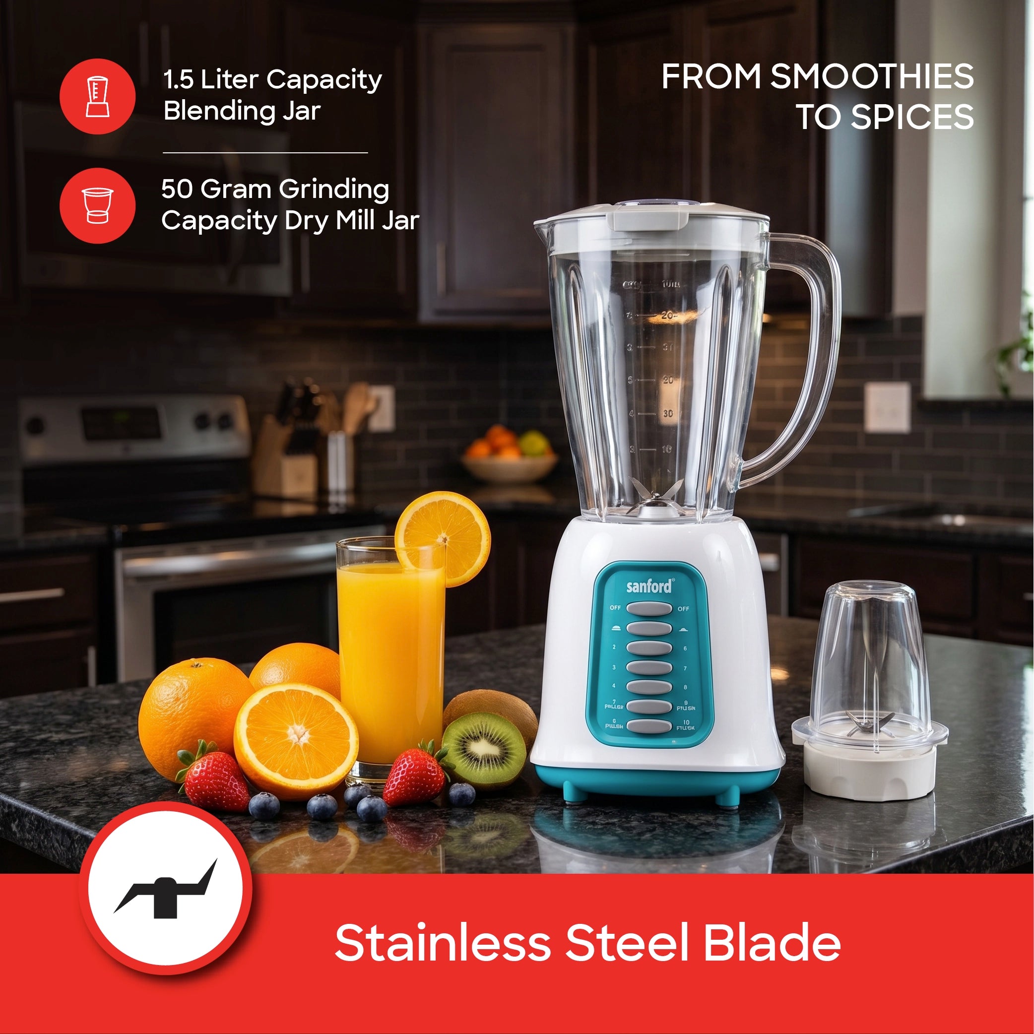 blender grinder 1.5L jar 400W copper motor stainless steel blades sanford 3