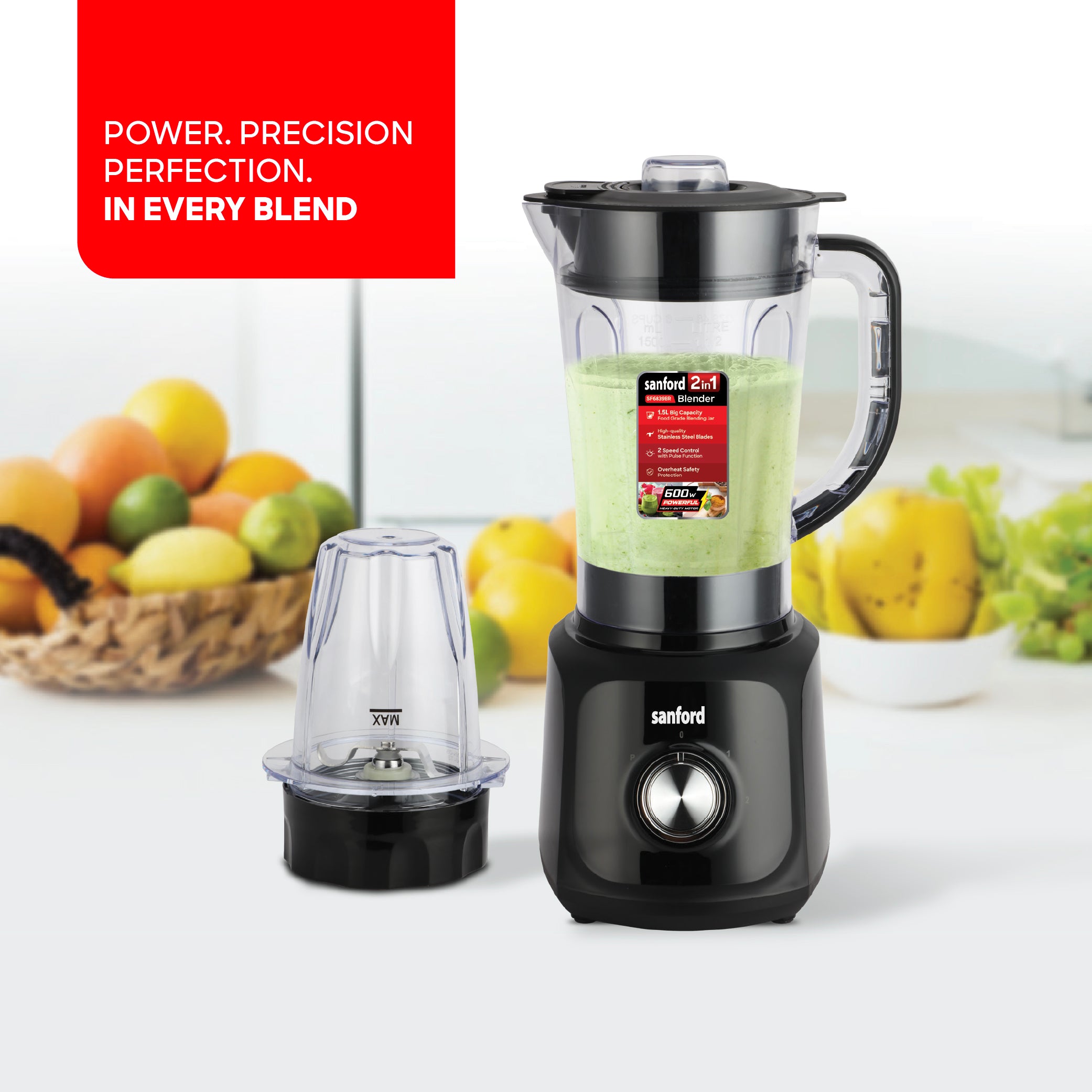 Sanford Heavy-Duty 2-in-1 Blender & Grinder | 1.5L Jar | 50g Mill | 600W Motor | SS Blades | 2-Speed Pulse | Splash-Proof Lid - buysanford