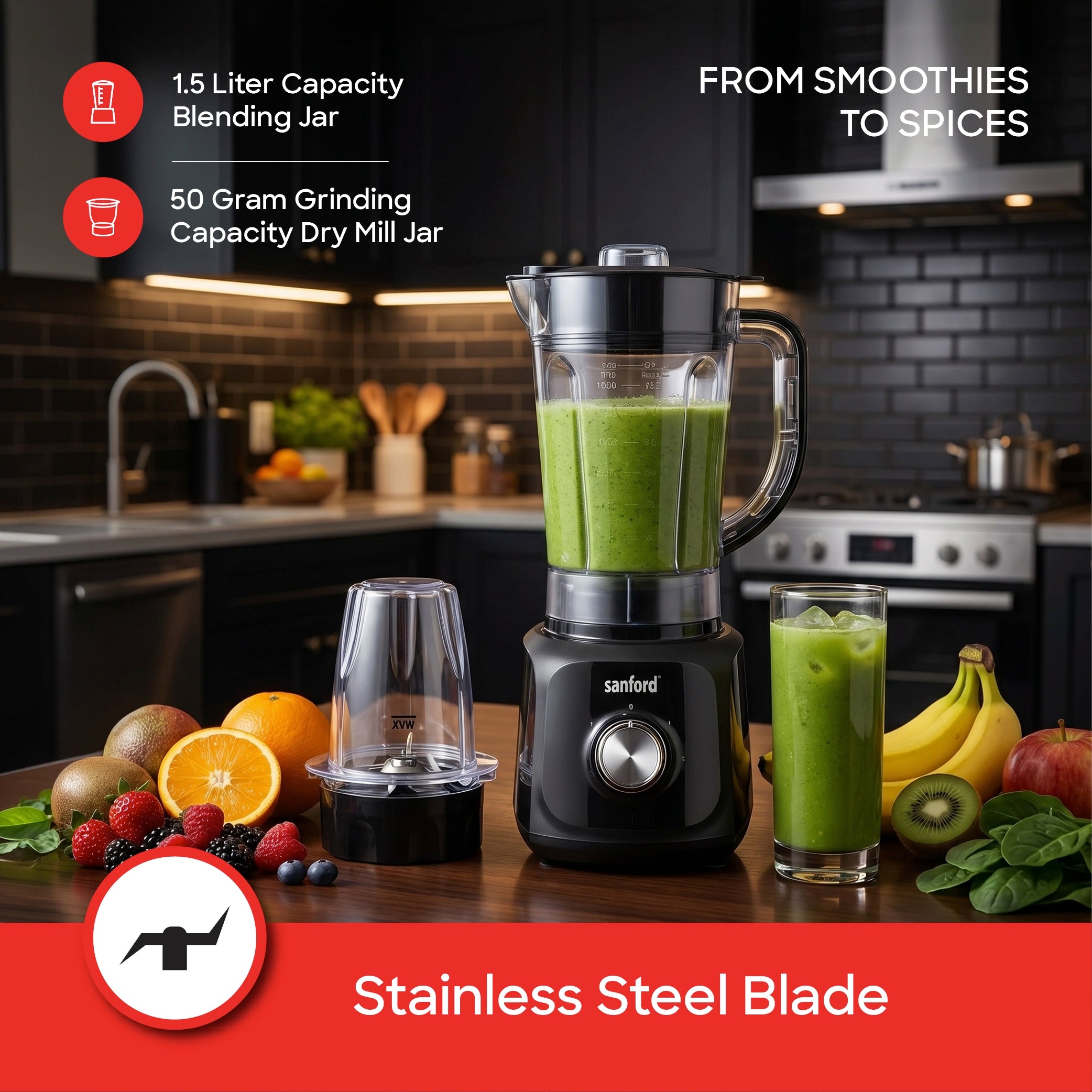 blender grinder 2 in 1 600W stainless steel blades 1.5L jar sanford 3