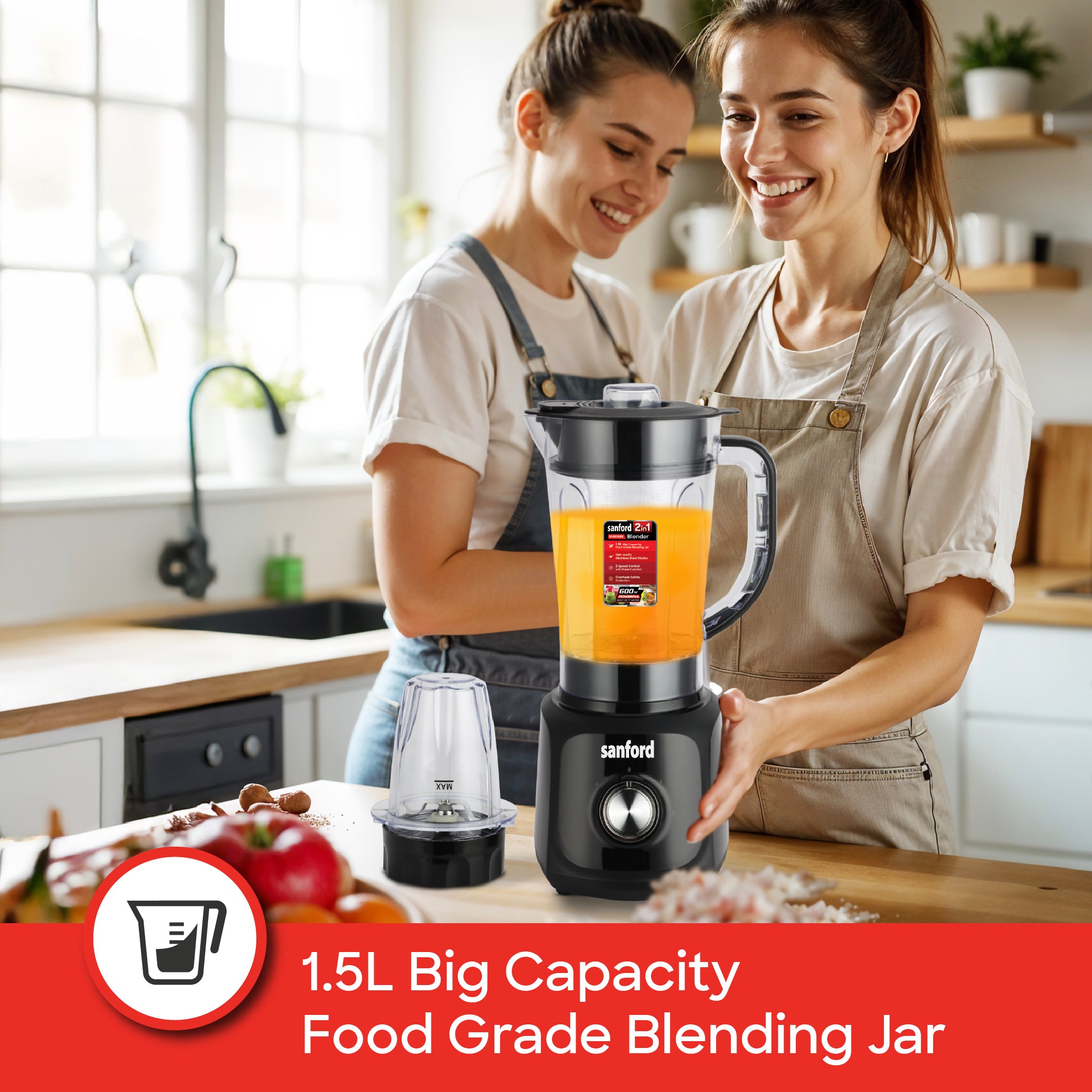 Sanford Heavy-Duty 2-in-1 Blender & Grinder | 1.5L Jar | 50g Mill | 600W Motor | SS Blades | 2-Speed Pulse | Splash-Proof Lid - buysanford