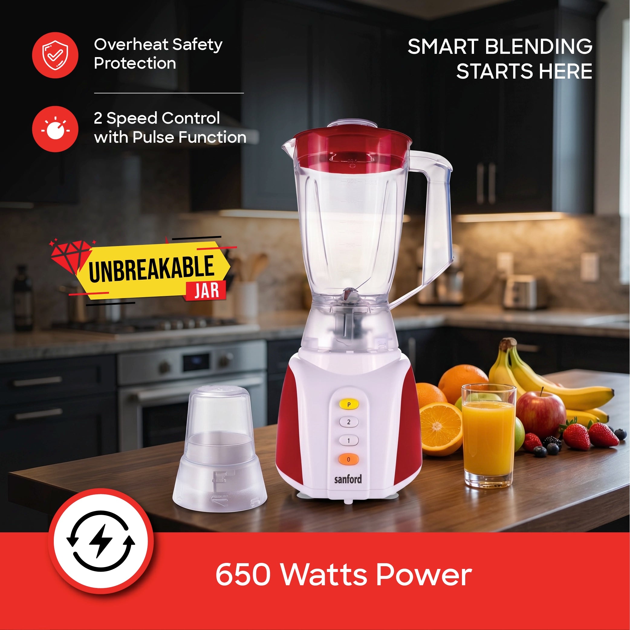 heavy duty blender grinder 2 in 1 650W unbreakable jar stainless steel blades sanford 4