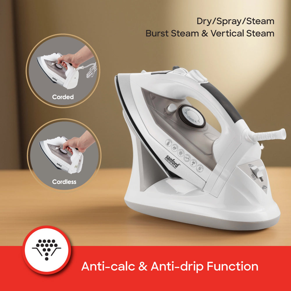 Sanford 2000 Watts Ceramic Coated Cordless Steam Iron with Anti-Drip, Anti-Calc & Self-Cleaning | SF68SI - SANFORD MIDDLE EAST DWC L.L.C