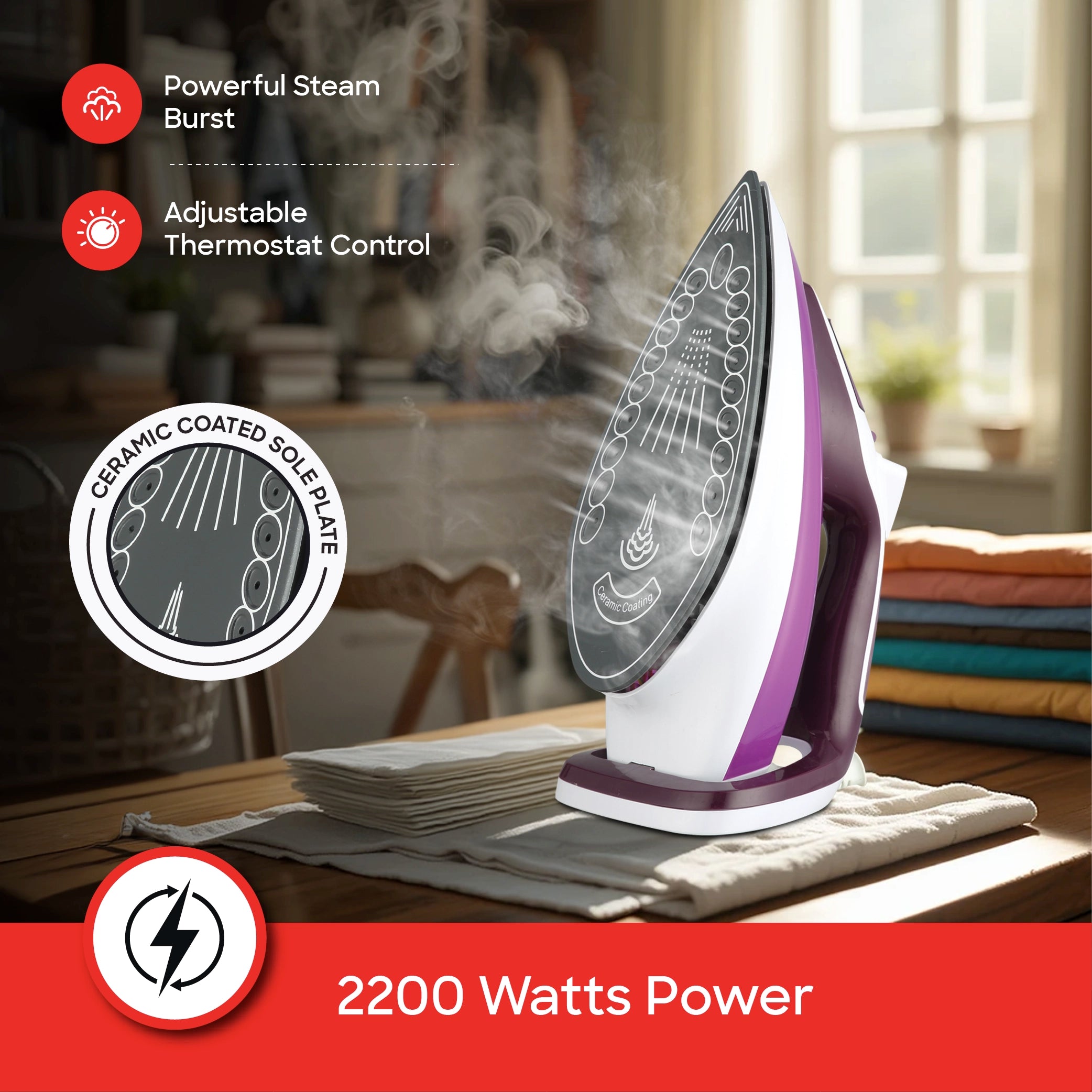 2200W steam iron ceramic soleplate 380ml tank self sanford 3