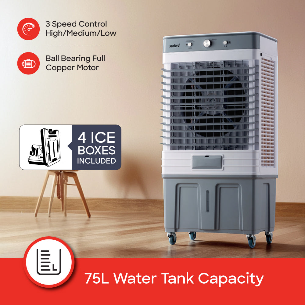 Sanford 75L Air Cooler | 260W Copper Motor | 11.58 m/s Wind Speed | 400mm Fan | Ice Box | Dual Water Inlet - buysanford