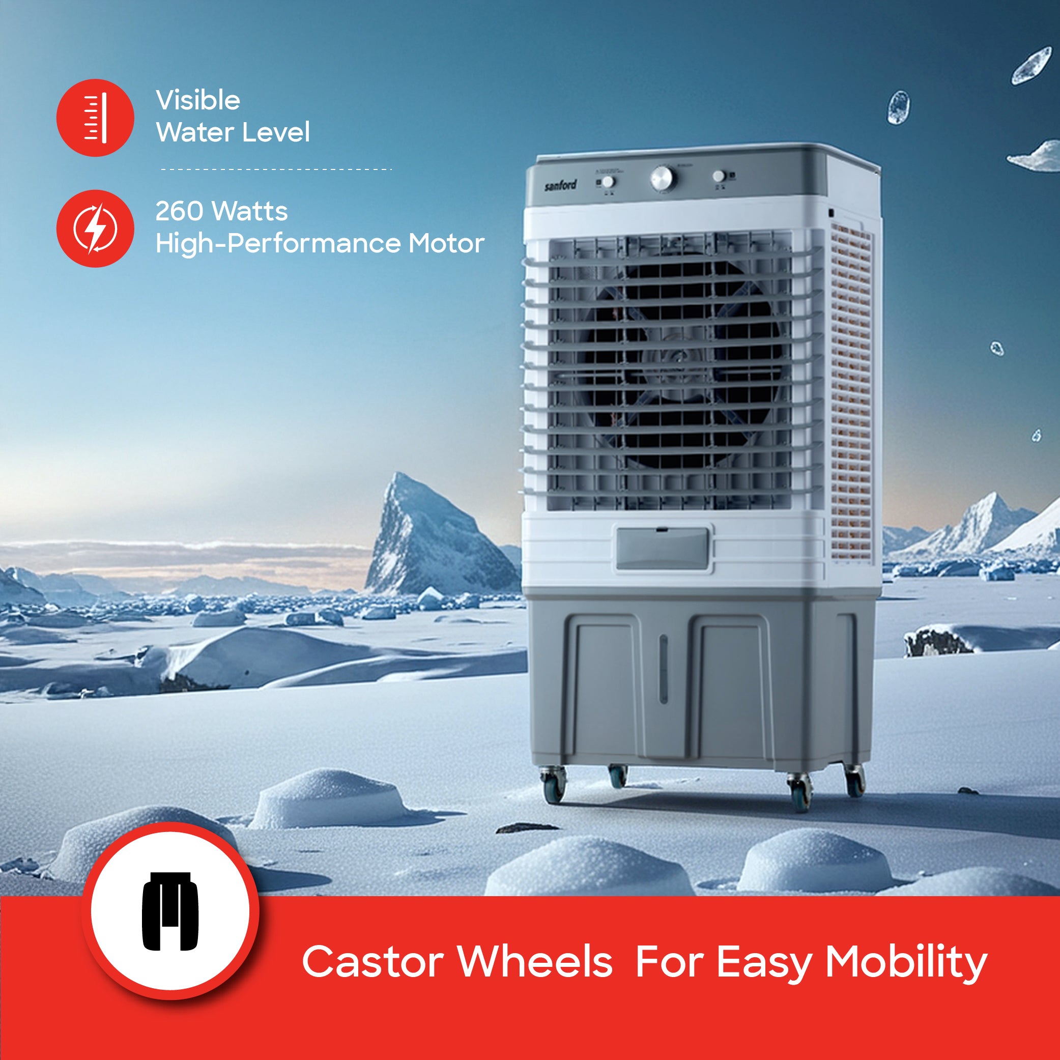Sanford 75L Air Cooler | 260W Copper Motor | 11.58 m/s Wind Speed | 400mm Fan | Ice Box | Dual Water Inlet - buysanford