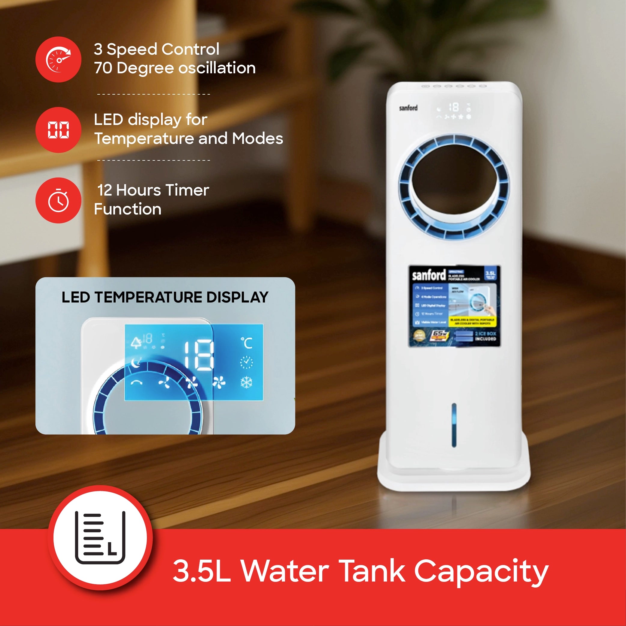 bladeless air cooler 3.5L tank remote control LED display sanford 3