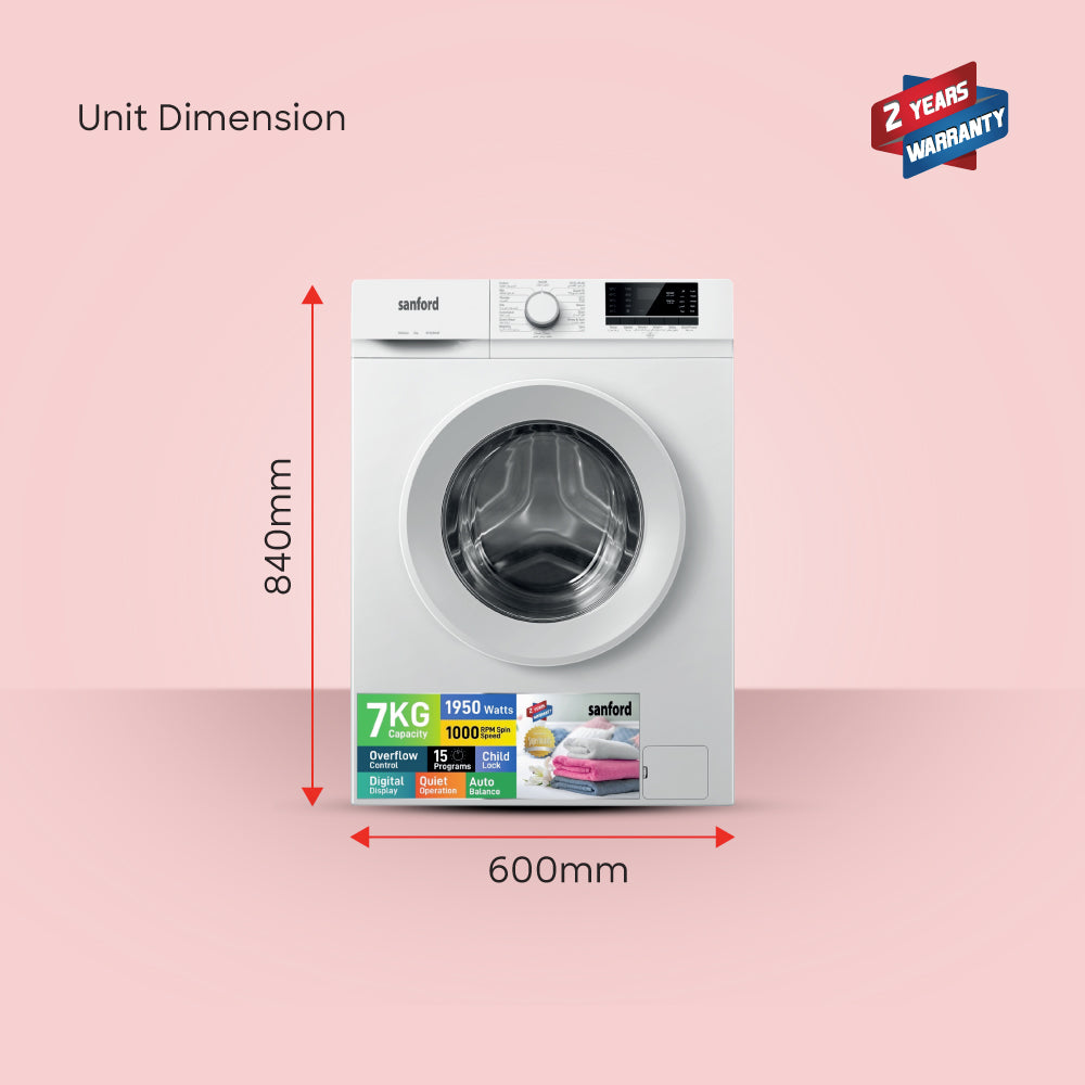 Sanford 7KG 4 Star Rated Automatic Digital Front Loading Washing Machine with 15 Programs and Child Lock | SF826WM - buysanford