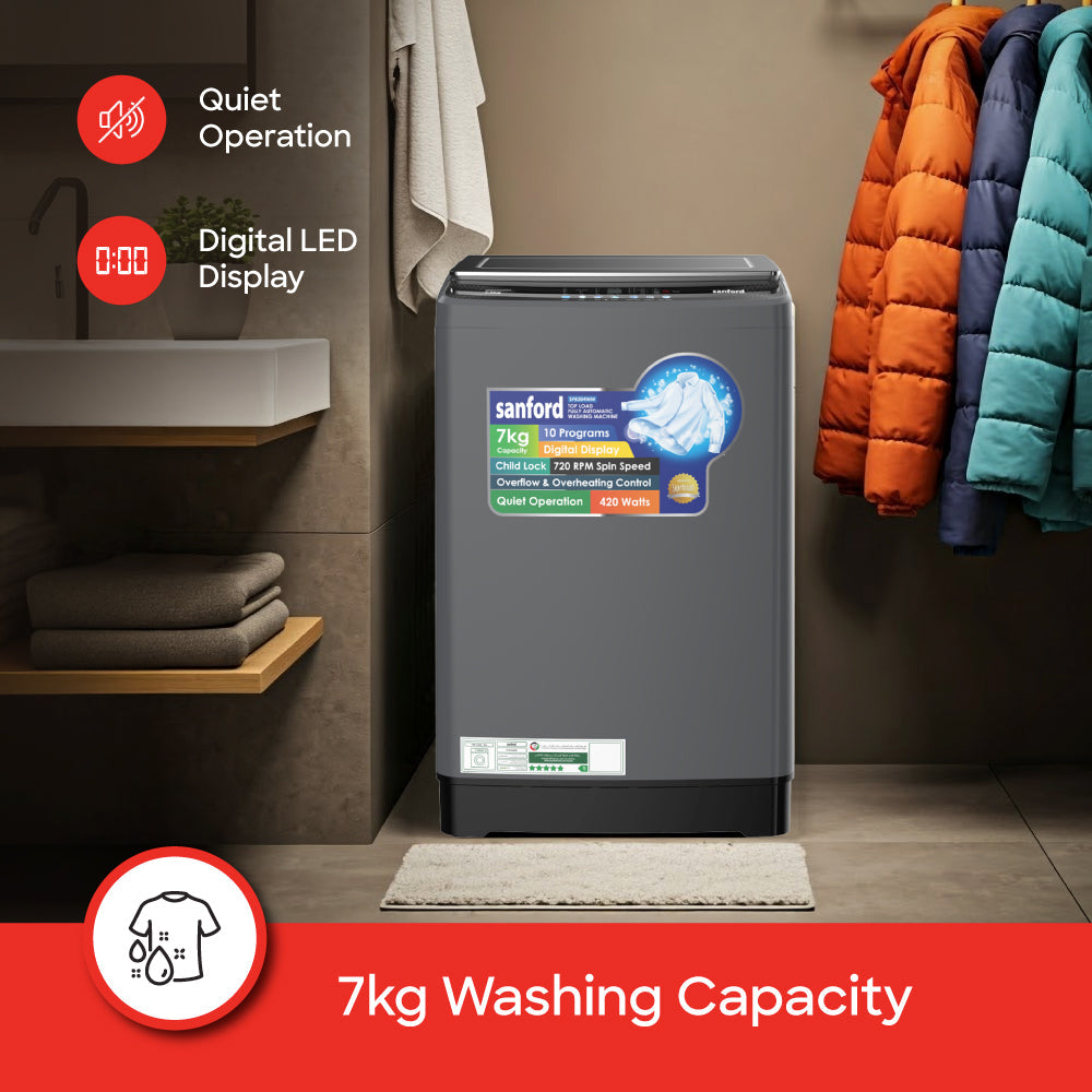Sanford 7KG Fully Automatic Digital Top Loading Washing Machine with 10 Programs and Child Lock | SF8304WM - buysanford