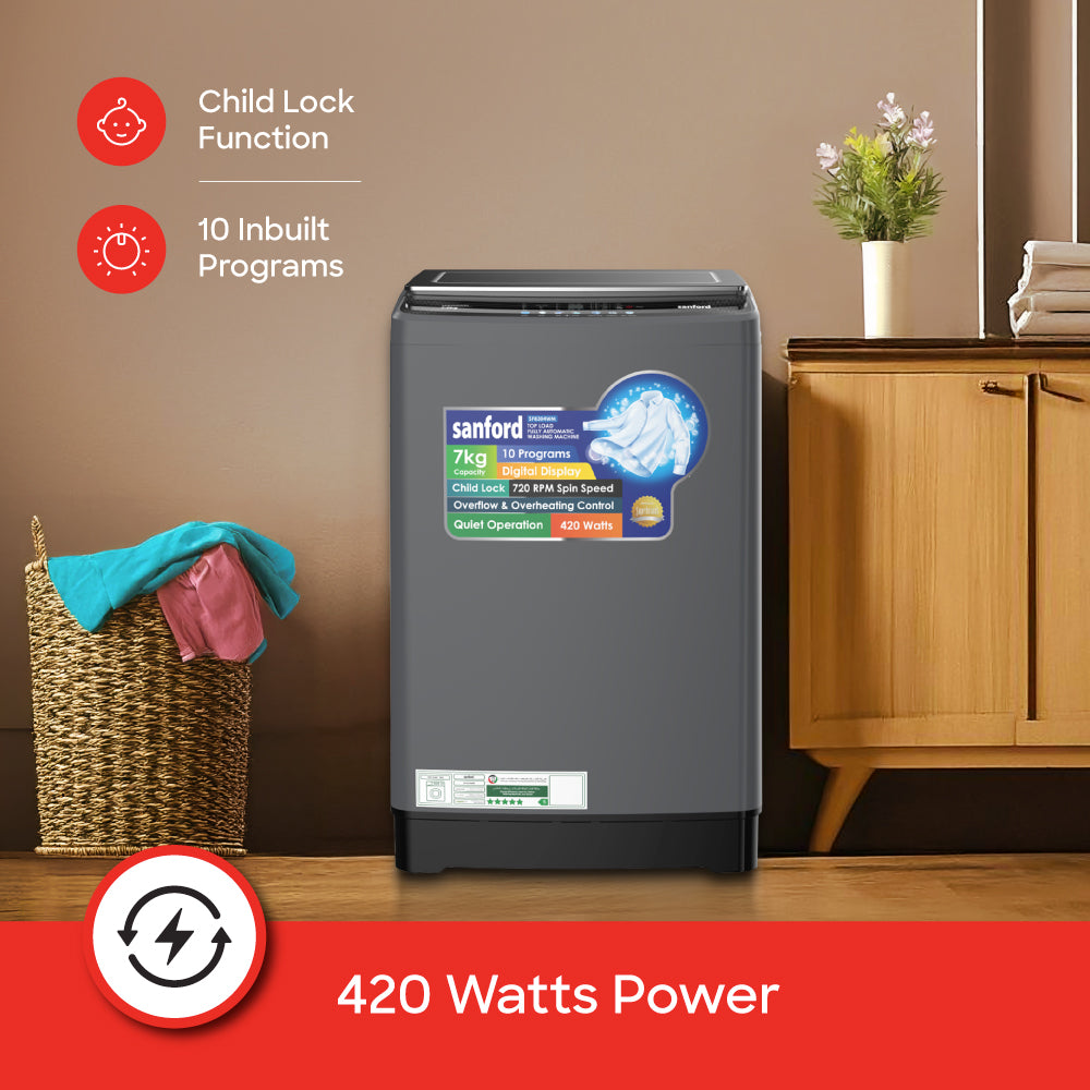 Sanford 7KG Fully Automatic Digital Top Loading Washing Machine with 10 Programs and Child Lock | SF8304WM - buysanford
