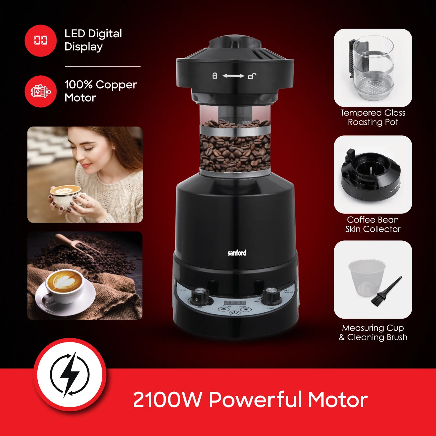 electric coffee roaster 2100W air roasting technology coffee bean roasting sanford 4