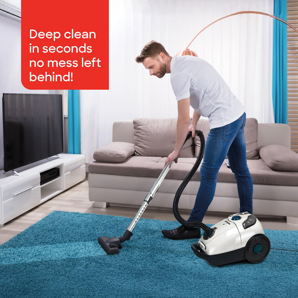 Sanford canister vacuum showing 2.5-liter dust capacity