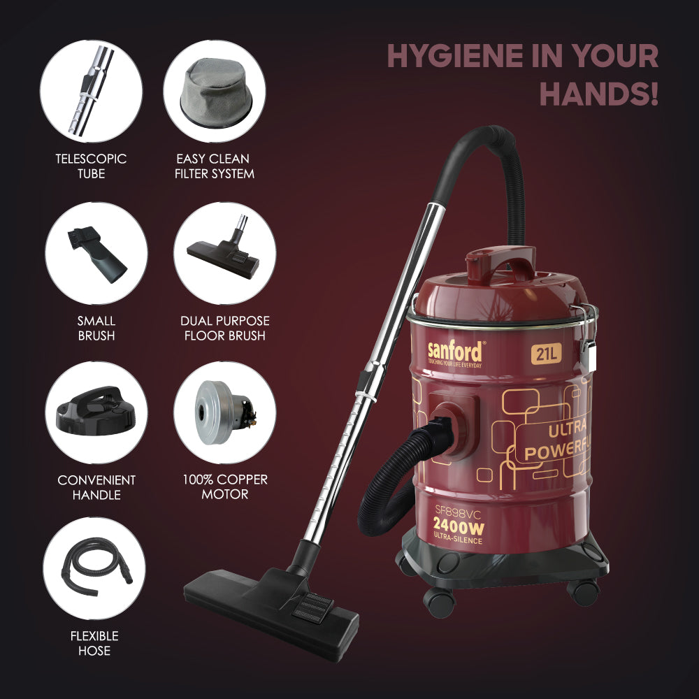 Sanford 2400W Heavy Duty Vacuum Cleaner | 21L Drum | Blower Function | Copper Motor | Telescopic Tube | Dust Full Indicator - buysanford
