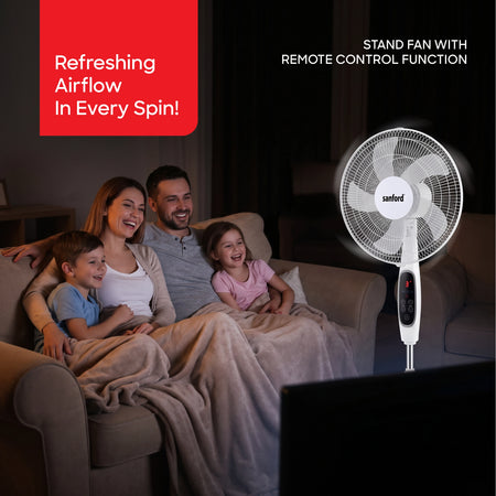 Sanford Stand Fan 18 Inch with Remote – lifestyle shot of stand fan in living room