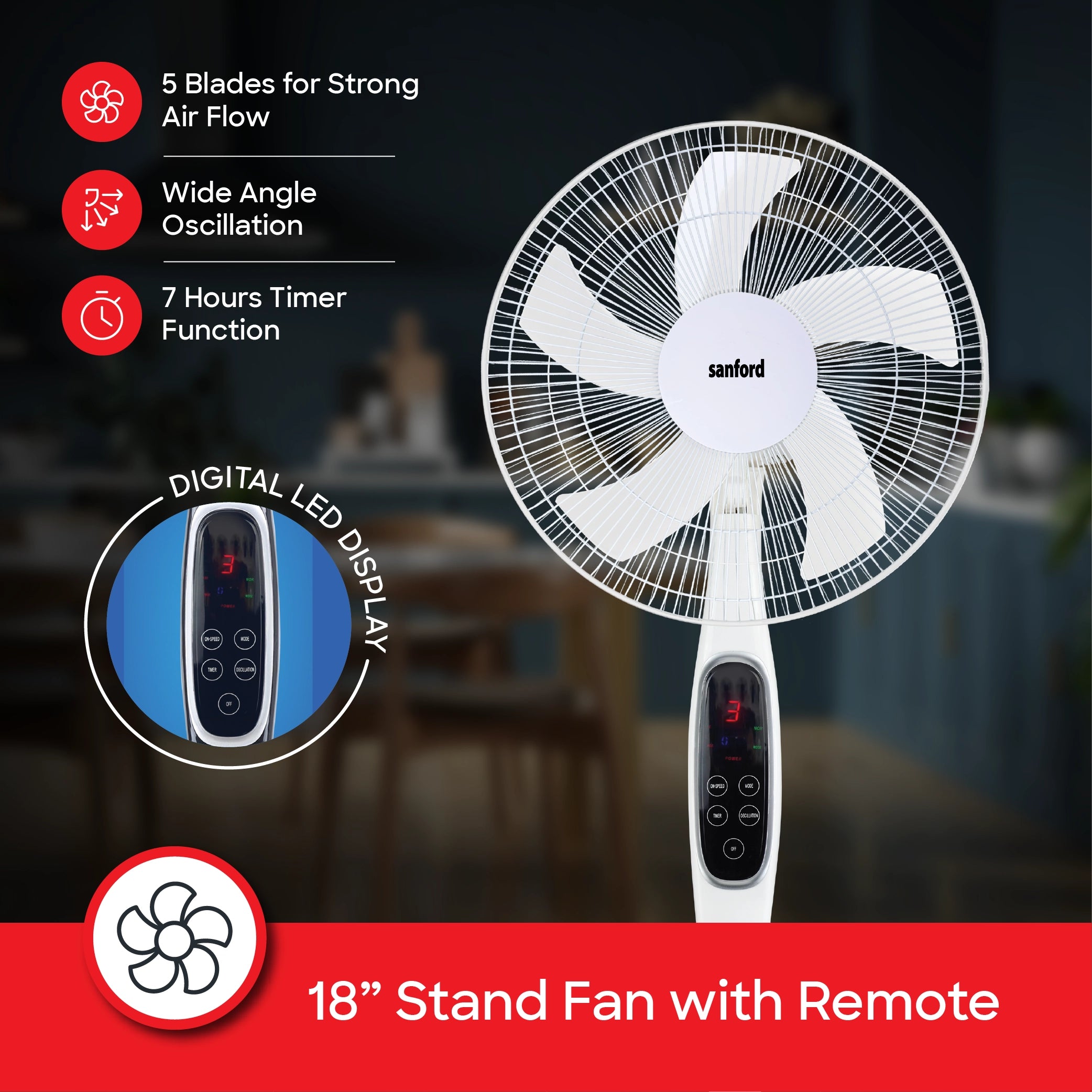 Sanford Stand Fan 18 Inch with Remote – 5 AS blades, 3-speed control knob and adjustable height and tilting callouts