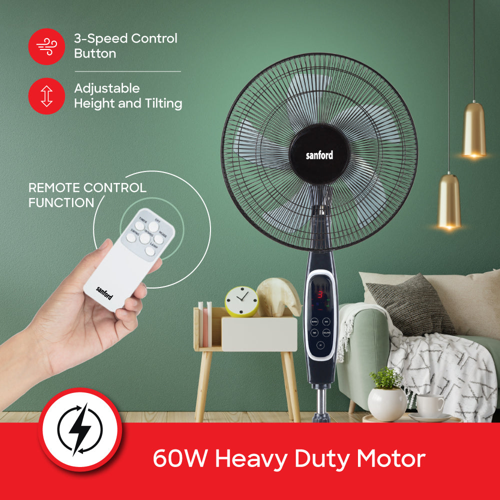 Sanford 18-Inch Stand Fan | 60W Heavy-Duty Motor | LED Display & Remote | 3-Speed | 7-Hour Timer - buysanford