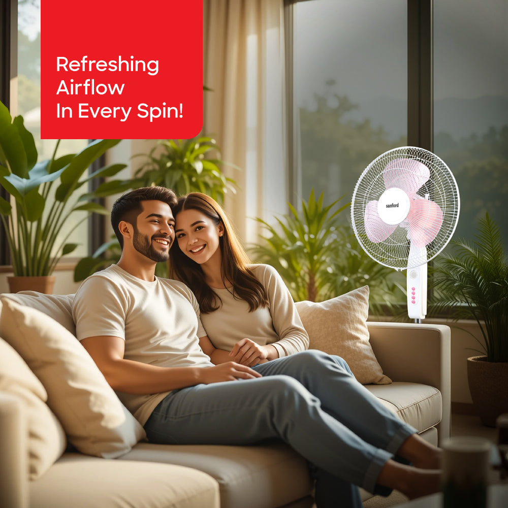 Sanford 18-Inch Stand Fan with LED Light | 60W Motor | 1250 RPM | 3-Speed | Adjustable Height - buysanford