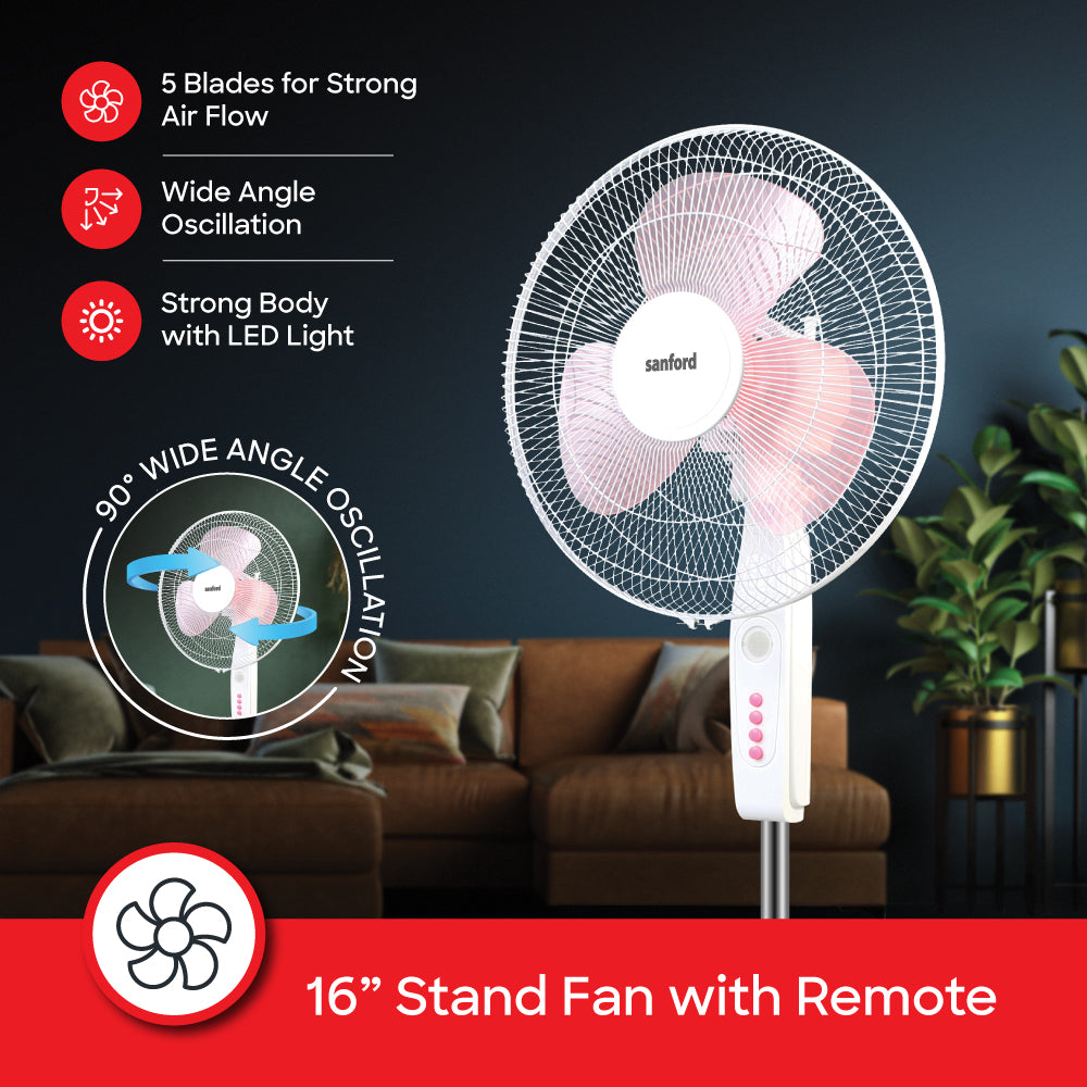 Sanford 18-Inch Stand Fan with LED Light | 60W Motor | 1250 RPM | 3-Speed | Adjustable Height - buysanford
