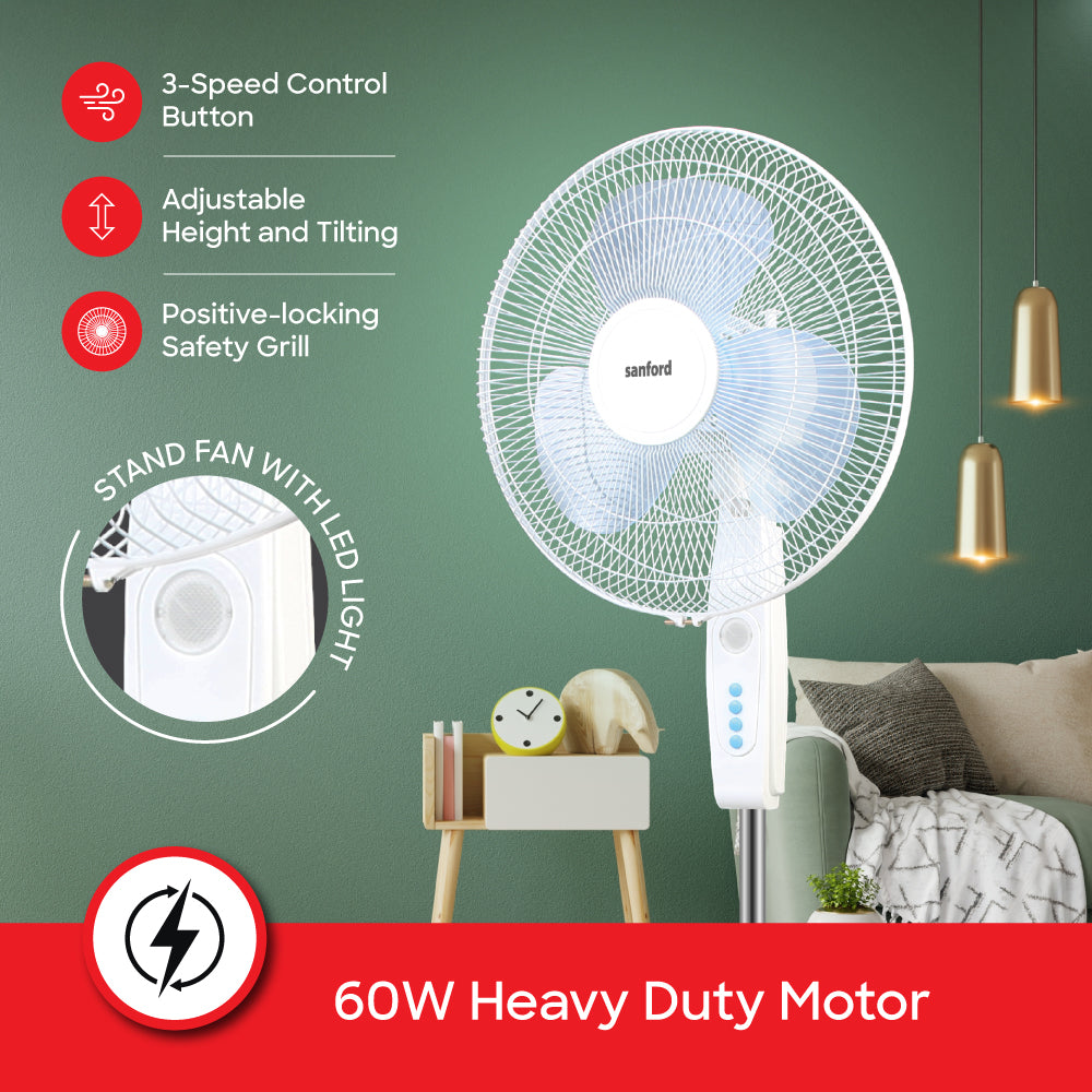 Sanford 18-Inch Stand Fan with LED Light | 60W Motor | 1250 RPM | 3-Speed | Adjustable Height - buysanford