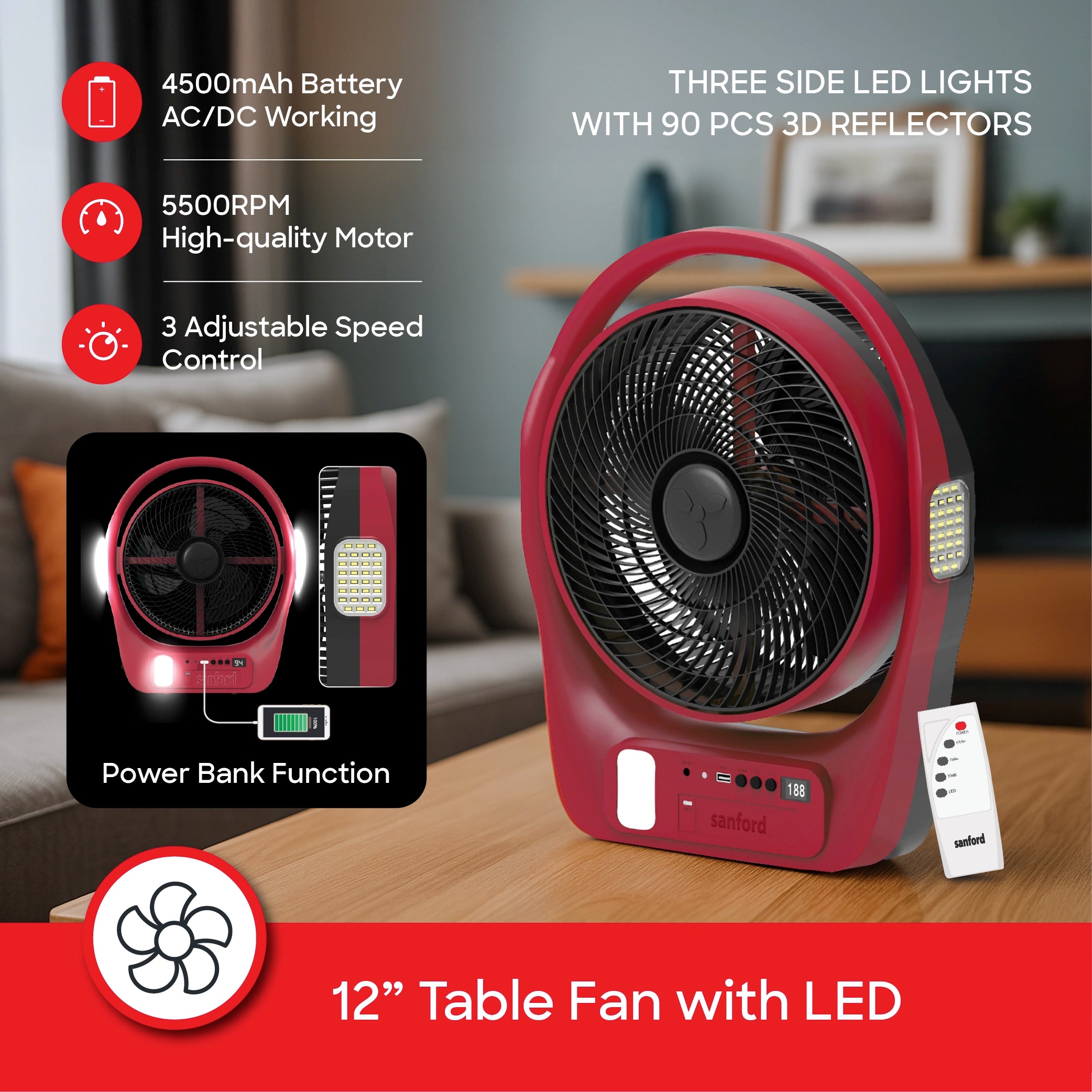 12 inch rechargeable table fan with timer portable sanford 3