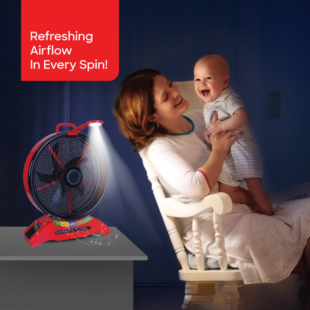 Sanford 14” Rechargeable Table Fan with LED Light & Music Player | 3-Speed | USB Charging | AC/DC | 20H Runtime - buysanford