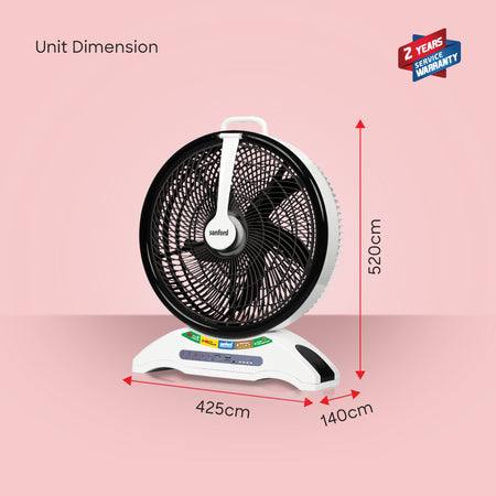 Sanford 14” Rechargeable Table Fan with LED Light & Music Player | 3-Speed | USB Charging | AC/DC | 20H Runtime - buysanford
