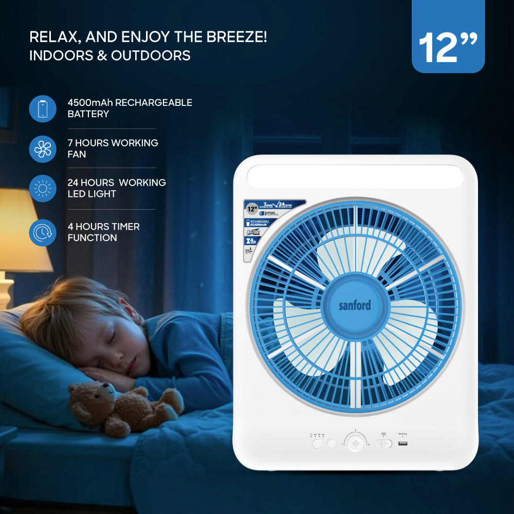 Sanford 12” Rechargeable Box Fan with LED Light | 3-Speed | AC/DC | 4500mAh Battery | 4H Timer | 24 LED | Up to 24H Runtime - buysanford