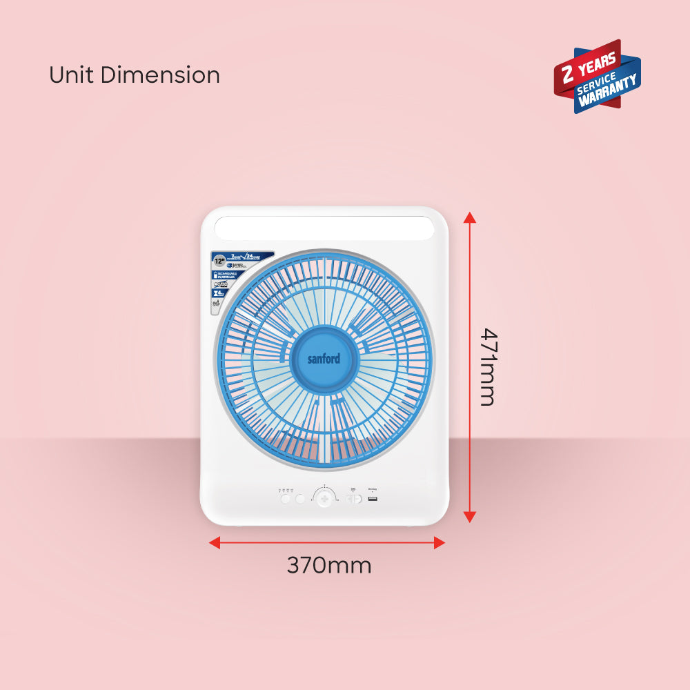Sanford 12” Rechargeable Box Fan with LED Light | 3-Speed | AC/DC | 4500mAh Battery | 4H Timer | 24 LED | Up to 24H Runtime - buysanford