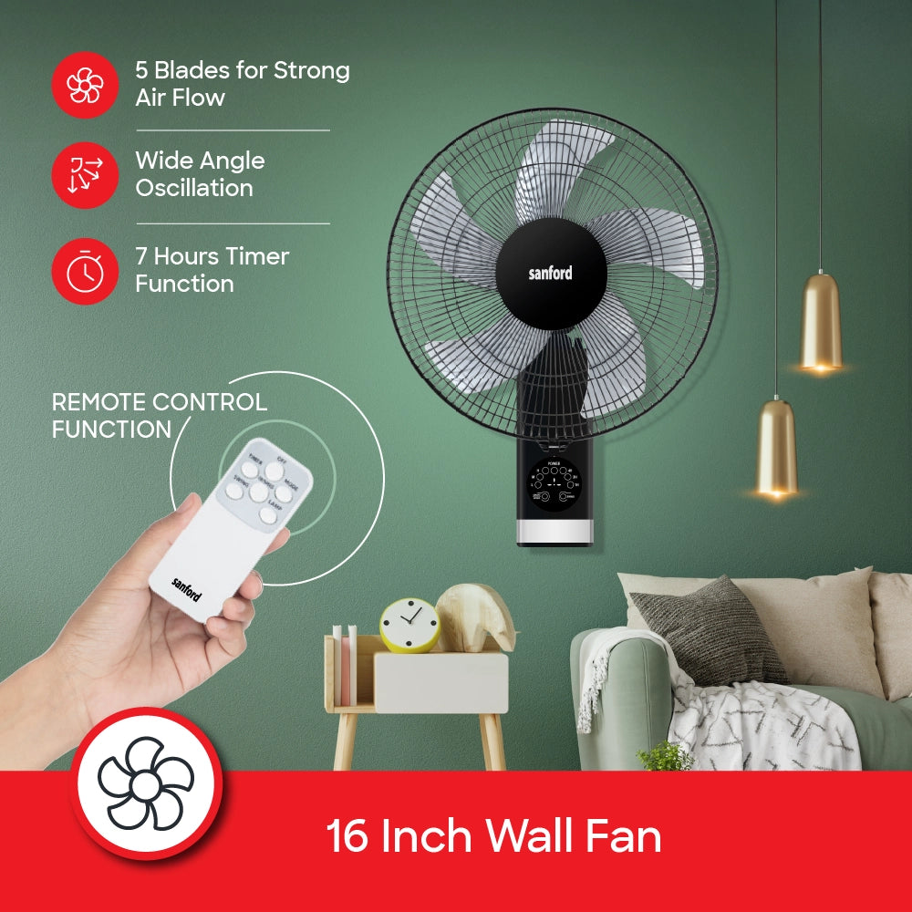 Sanford Wall Fan 16 Inch with Remote – 16 inch wall fan with 5 AS blades, 3-speed control and adjustable tilt head callouts