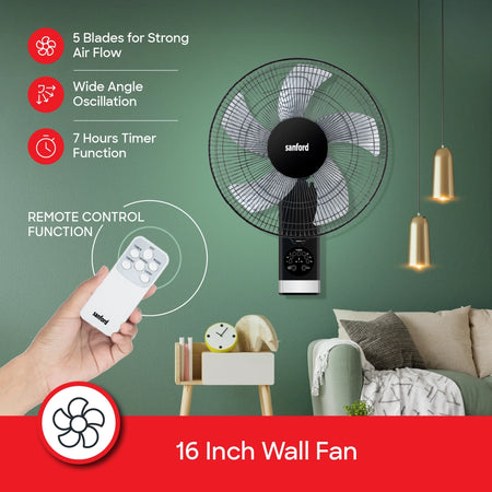 Sanford Wall Fan 16 Inch with Remote – 16 inch wall fan with 5 AS blades, 3-speed control and adjustable tilt head callouts
