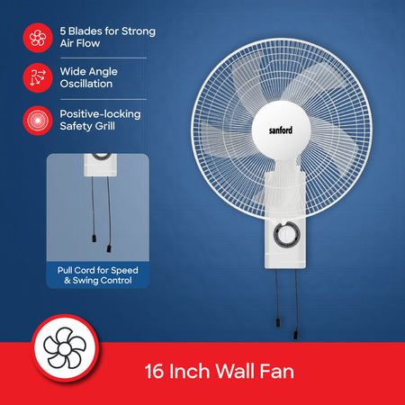 Sanford 16” Wall Fan | 60W Copper Motor | 5-Blade High Velocity | 3-Speed Pull Cord | Oscillation & Tilt | ABS Body - buysanford