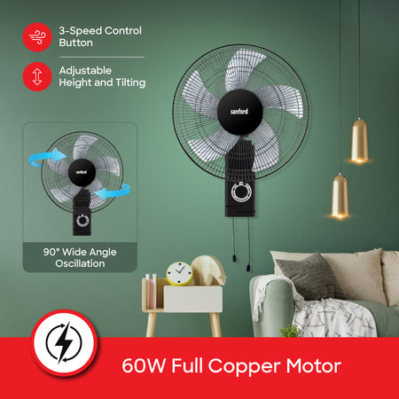 Sanford 16” Wall Fan | 60W Copper Motor | 5-Blade High Velocity | 3-Speed Pull Cord | Oscillation & Tilt | ABS Body - buysanford
