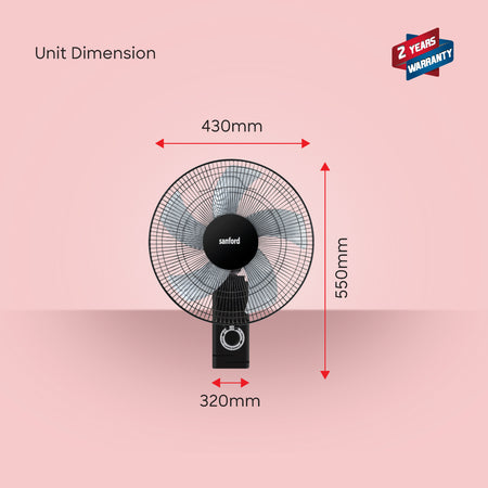 Sanford 16” Wall Fan | 60W Copper Motor | 5-Blade High Velocity | 3-Speed Pull Cord | Oscillation & Tilt | ABS Body - buysanford