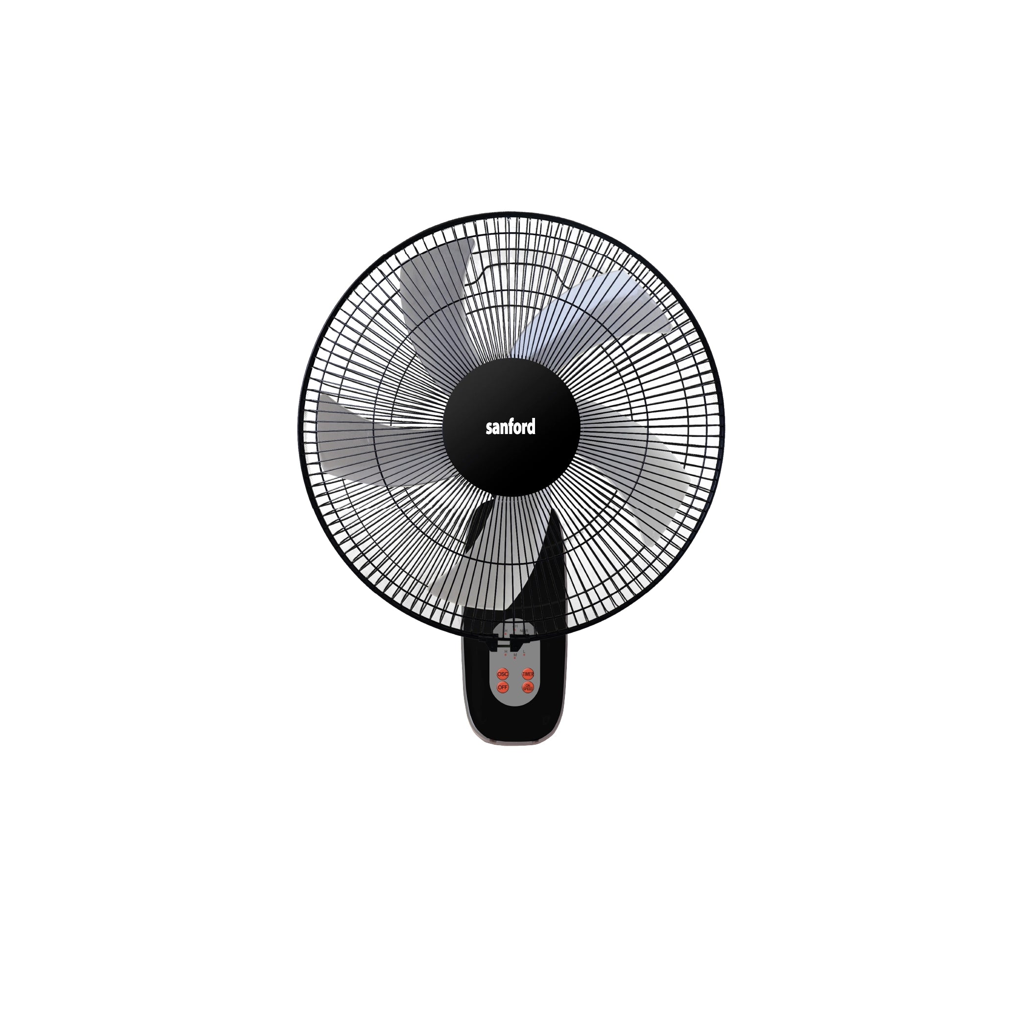 Sanford Wall Fan 18 Inch with Remote – front view of black wall-mounted fan on white background