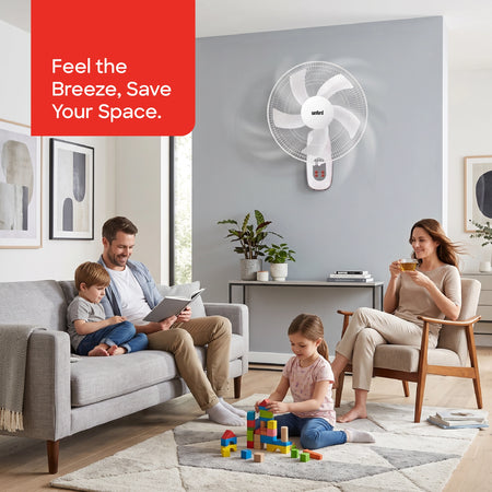 Sanford Wall Fan 18 Inch with Remote – lifestyle shot of family relaxing in living room with wall fan mounted on wall