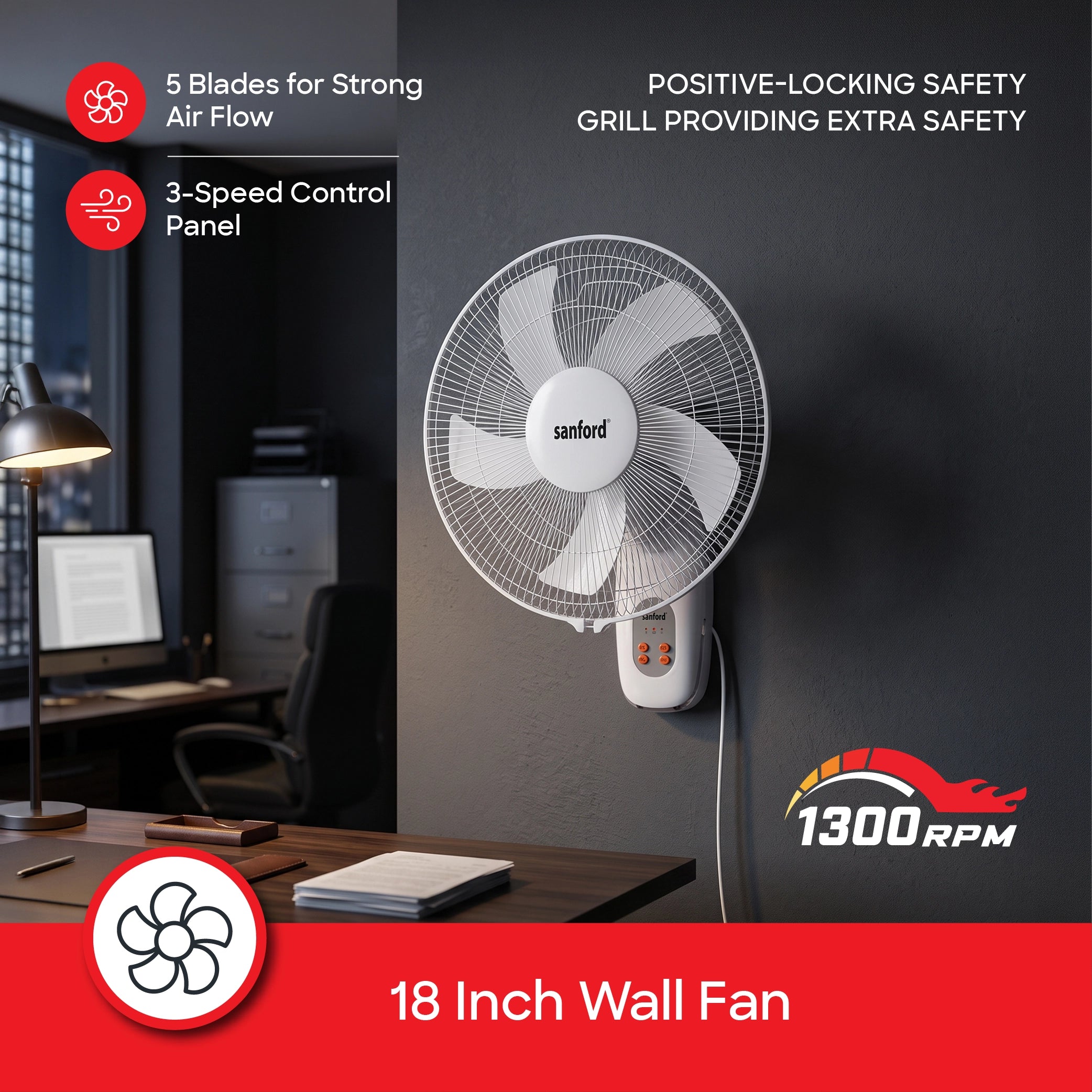 Sanford Wall Fan 18 Inch with Remote – 18 inch wall fan on black background with 1300RPM and feature callouts
