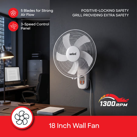 Sanford Wall Fan 18 Inch with Remote – 18 inch wall fan on black background with 1300RPM and feature callouts