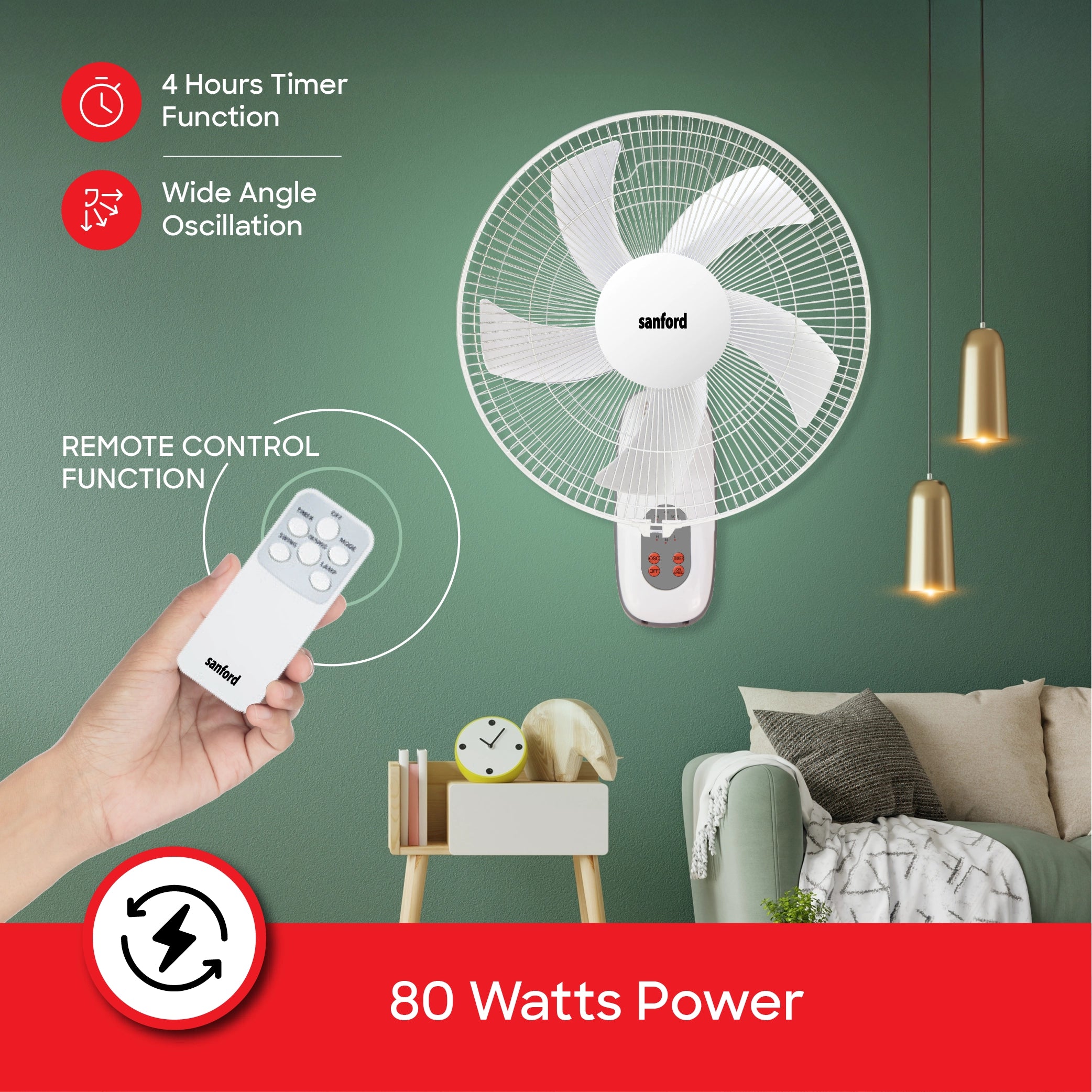 Sanford Wall Fan 18 Inch with Remote – 80 watts power with remote control operating the fan, on green background
